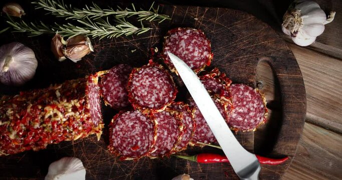 Slices of salami with garlic and rosemary slowly rotate.