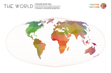 Abstract world map. Foucaut's sinusoidal projection of the world. Colorful colored polygons. Trending vector illustration.
