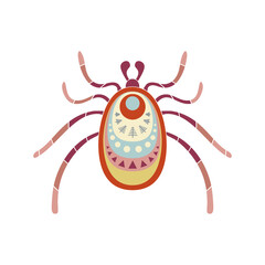 Tick view from above. Ornamental pattern. Isolated insect cartoon vector illustration in flat style
