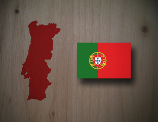 Map and flag of Portugal on a wooden background, 3D illustration