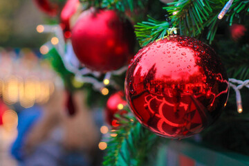 Beautiful Christmas presents. Christmas background. Christmas tree and jewelry.