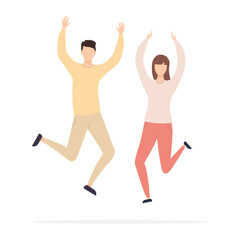 Happy jumping young man and woman with raised hands celebrating victory and success. Vector illustration isolated on white background.