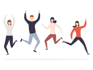 Group of happy jumping man and women with raised hands vector illustration isolated on white background. Young coworkers team celebrating victory and success.
