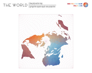 World map with vibrant triangles. Gringorten square equal-area projection of the world. Red Yellow Blue colored polygons. Contemporary vector illustration.