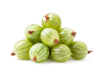 Pile of fresh green gooseberries on a white background. Isolated