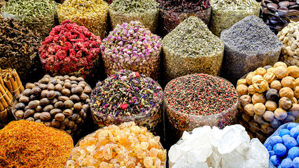 Colourfull exotic spices on spice market / Spice souk