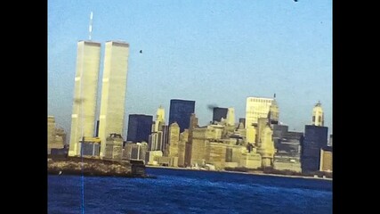 NEW YORK 1975: Cityscape of the world trade center seen from the Hudson River in the mid 70's
