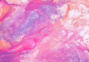 Fototapeta premium Orange, lilac, pink watercolor background. The artistic texture is suitable for the banner. Hand-drawn abstract illustration, design element for map, cover, decoration, printing