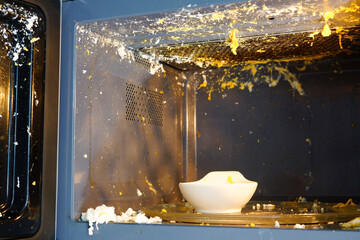 Incorrectly cooked egg in the microwave. The egg exploded