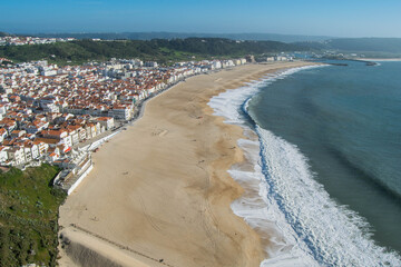 Nazaré beach seen from the Suberco viewpoint, in Portugal. Beautiful panoramic view of the city of Nazaré