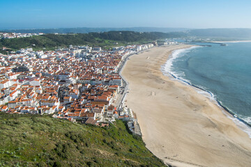 Nazaré beach seen from the Suberco viewpoint, in Portugal. Beautiful panoramic view of the city of Nazaré