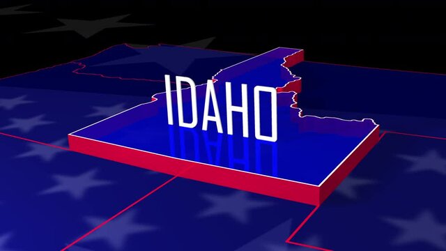 Graphic fly into Idaho on colorful animated map of the United States of America.