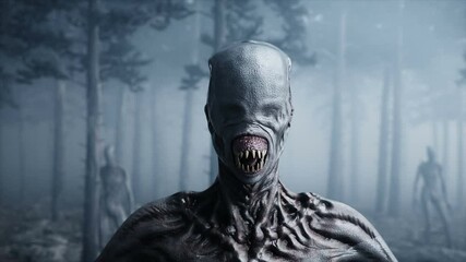 scary monster in fog night forest. Fear and horror. Mistic and ufo concept. Realistic 4K animation.