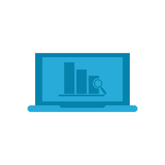 lupe with bars chart inside laptop flat style icon vector design