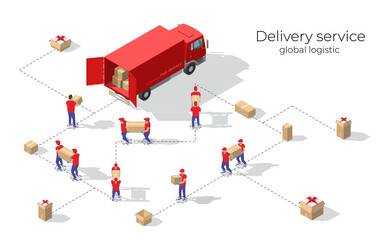 Isometric big set of delivery man in uniform holding boxes in different poses and protection masks. Vector collection delivery service workers. Fast delivery van. Isometric Logistics icons
