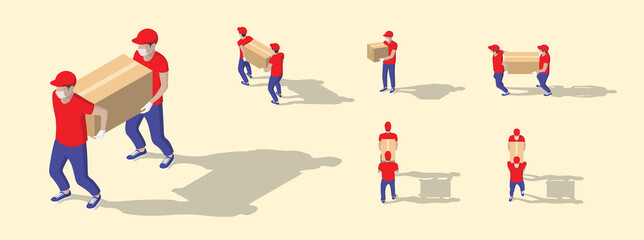 Isometric big set of delivery man in uniform holding boxes in different poses and protection masks. Vector collection delivery service workers. Fast delivery van. Detailed illustrations of people