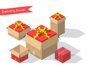 Carton gift boxes delivery packaging open and closed box with bows. Vector isometric cardboard box mockup set