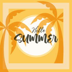 hello summer travel and vacation season, palm trees tropical badge lettering text