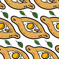 Hand drawn seamless pattern with khachapuri. Vector sketch illustration isolated on white background