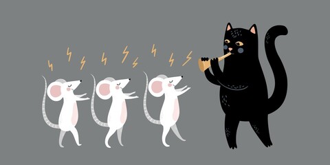 The mouse Whisperer. Mouse charmer. The cat plays a pipe. Funny magic vector illustration. Enchanted mice character.