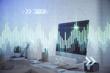 Multi exposure of stock market chart drawing and office interior background. Concept of financial analysis.