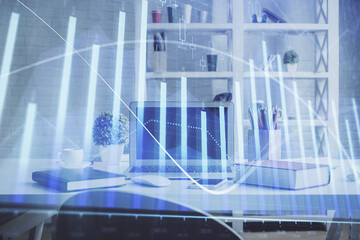 Double exposure of financial graph drawing and office interior background. Concept of stock market.