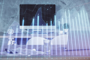 Multi exposure of financial graph drawing and office interior background. Concept of market analysis.