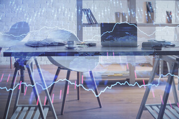 Obraz premium Multi exposure of stock market chart drawing and office interior background. Concept of financial analysis.
