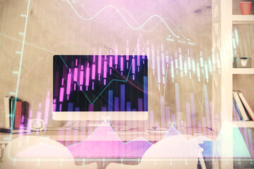 Multi exposure of stock market chart drawing and office interior background. Concept of financial analysis.