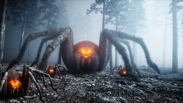 scary gigant spider in fog night forest. Fear and horror. Mistic and halloween concept. Realistic 4K animation.