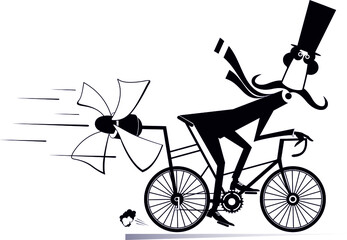 Long mustache man in the top hat rides on the bicycle illustration. Cartoon mustache man in the top hat rides on the bicycle and tries to ride faster using a propeller black on white

