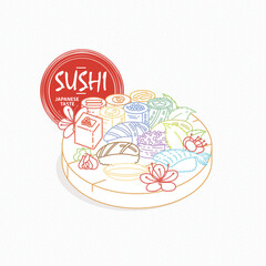 Sushi. Japanese food. Rolls with fish and caviar on eco plate, chopsticks, ginger and soy sauce. Delicious art for restaurant and bar menu, booklets or prints