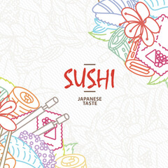 Fototapeta premium Sushi. Japanese food. Rolls with fish and caviar on eco plate, chopsticks, ginger and soy sauce. Delicious art for restaurant and bar menu, booklets or prints