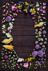 Edible plant flowers on dark wooden background. Composition with colorful flowers for cooking and herbal medicine. Creative layout with copy space for text. Top view.