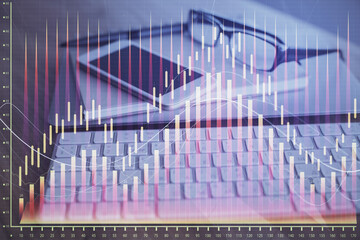 Double exposure of forex chart drawing and cell phone background. Concept of financial trading