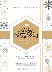 Merry Christmas celebration invitation with flying snowflakes and lettering. Winter holiday design with linear snowflakes in flat style. Vector illustration