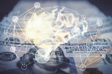 Double exposure of brain drawing over us dollars bill background. Technology concept.