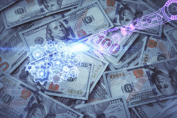 Double exposure of data theme drawing over us dollars bill background. Technology concept.