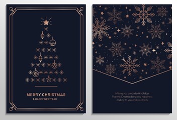 Luxury Christmas cards set. Elegant New year templates with rose gold geometric elements and navy blue background. Rose gold Christmas tree and snowflakes premium design. Vector illustration