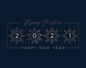 Elegant Happy New Year 2021 greeting card with rose gold snowflakes and navy blue background. Elegant holiday template for greeting cards, invitation, business offers.Vector illustration