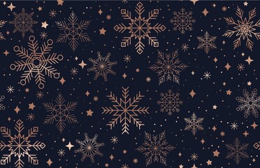 Elegant Christmas seamless pattern with rose gold snowflakes and navy blue background. Luxury New year background. Vector illustration