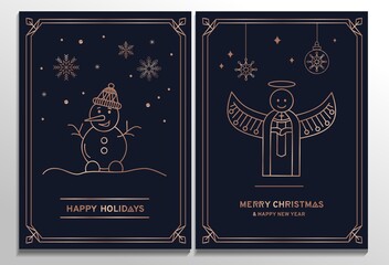 Luxury Christmas cards set. Elegant New year templates with rose gold geometric elements and navy blue background. Rose gold snowflakes, angel and snowman in line art style. Vector illustration