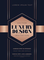 Luxury design template with navy blue background and abstract rose gold shapes. Luxury template for business cards, invitation, banners, greeting cards or social networks. Vector illustration
