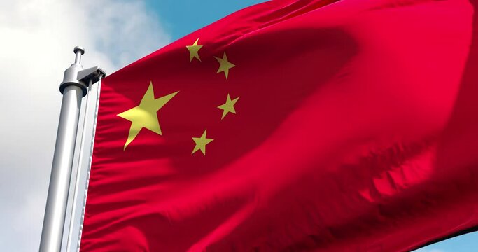 China flag on a flagpole waving in the wind in the sky. Wonderful intro for yor projects. The People's Republic of China (PRC).