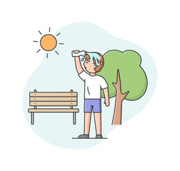 Concept Of Summer Hot Period. Male Character Walking In The Park, Weary From Heat. Man Is Drenching With Water, To Cool Off In Hot Summer Day. Cartoon Linear Outline Flat Style. Vector Illustration