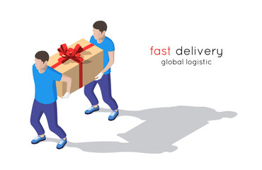 Isometric delivery men in uniform holding gift box. Vector collection delivery service workers. Fast delivery van. Global logistic
