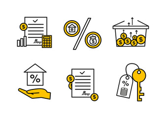 Finance icons. Financial services icons set. Mortgage, financial exchange icons. In the palm of your hand is a house with a percentage, a key with a keychain, on which coins and a percentage