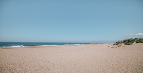 beautiful sandy beach and turquoise sea at sunny day Patara beach, Antalya Turkey
