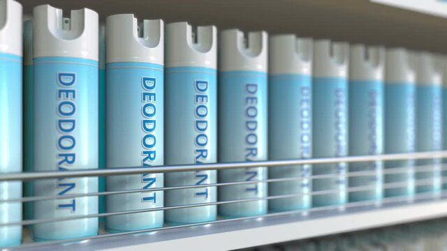 Generic deodorant spray cans on shelf of a store, looping 3D