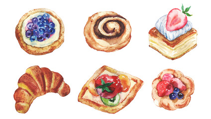 set of watercolor pastries with fruits